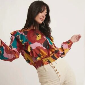 Marine Layer Multicolor Floral Ruffle Long-Sleeve Blouse